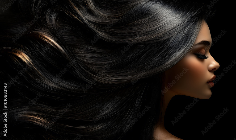 A beautiful woman with long black hair, flowing black hair that is shiny and smooth, a black background, Conceptadvertisement for a hair salon or spa, Generative AI A beautiful woman with long black hair, flowing black hair that is shiny and smooth, a black background, Conceptadvertisement for a hair salon or spa, Generative AI