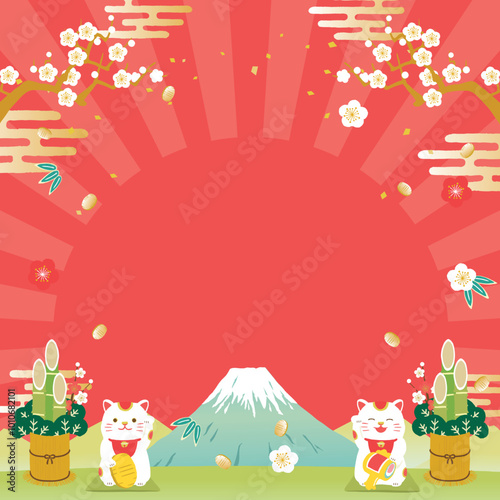 お正月　背景イラスト　富士山とまねきねこ