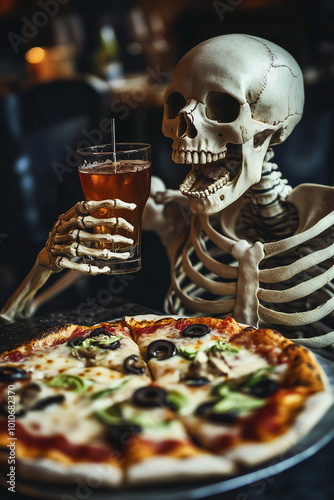 skeleton eating a pizza and drinking