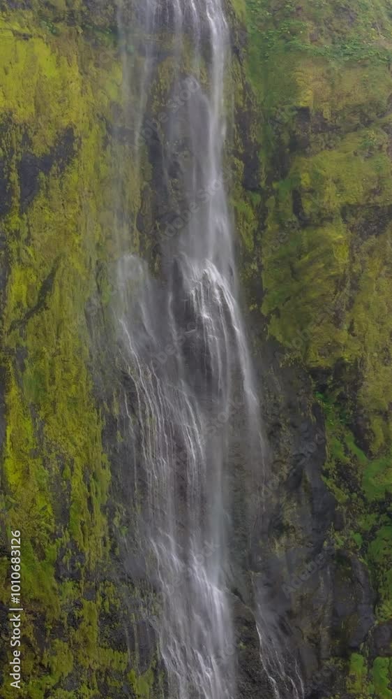 A vibrant green cliff adorned with a spectacular waterfall cascading down its face, surrounded by the dense wilderness, offers a breathtaking view of Iceland's natural splendor. Iceland. A vibrant green cliff adorned with a spectacular waterfall cascading down its face, surrounded by the dense wilderness, offers a breathtaking view of Iceland's natural splendor. Iceland.