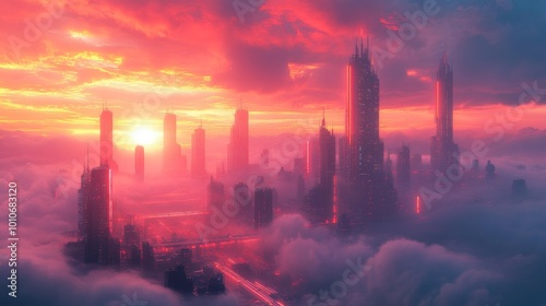 Futuristic City in the Clouds at Sunset Generative AI