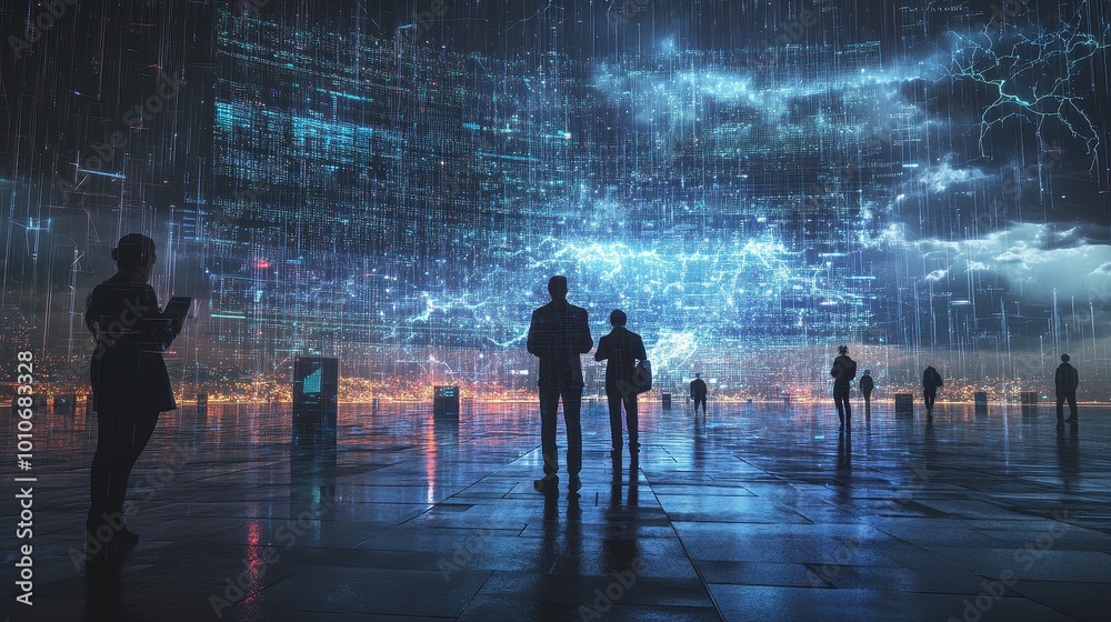Stormy Digital Cityscape with Silhouetted Figures Stormy Digital Cityscape with Silhouetted Figures