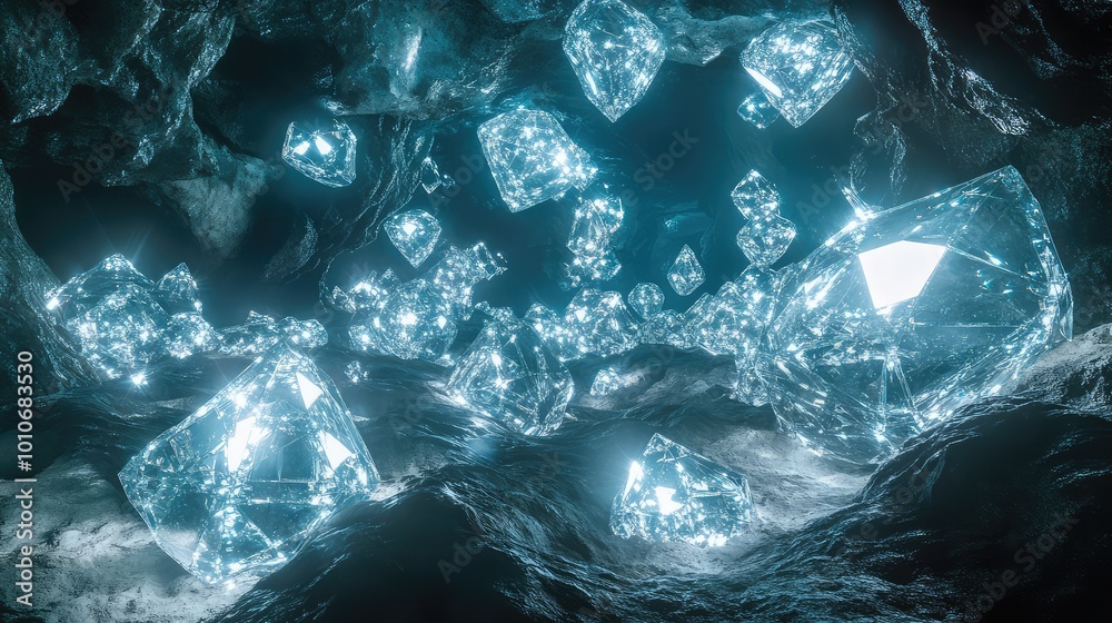 A cave full of sparkling diamonds is crisscrossed by glass tunnels, their transparent structures cutting through the glistening gems. A cave full of sparkling diamonds is crisscrossed by glass tunnels, their transparent structures cutting through the glistening gems.