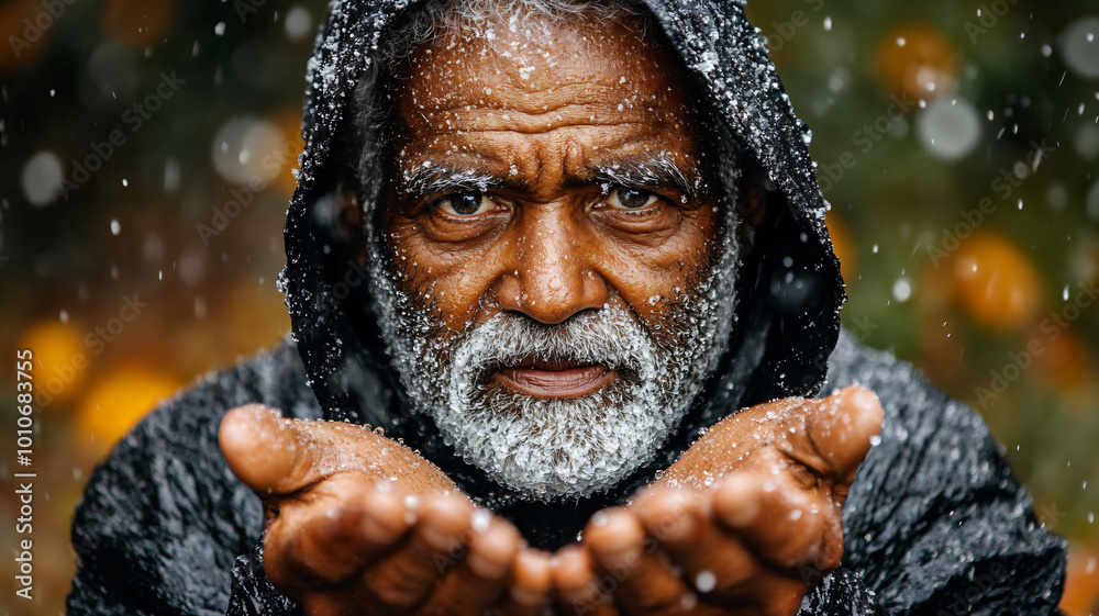 Survival in Winter. Portrait of an Elderly Man in a Harsh Snowy Environment. Survival in Winter. Portrait of an Elderly Man in a Harsh Snowy Environment.