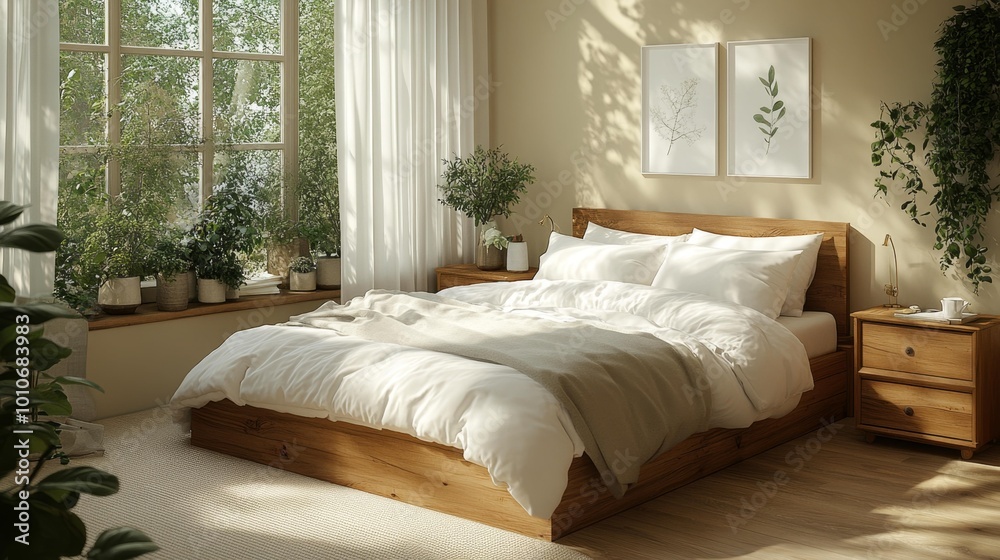 Cozy Natural Bedroom with Wooden Furniture Generative AI Cozy Natural Bedroom with Wooden Furniture Generative AI