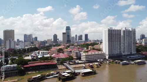 Phnom Penh Kandal market Mekong river Cambodia, Asia city riverfront aerial photo