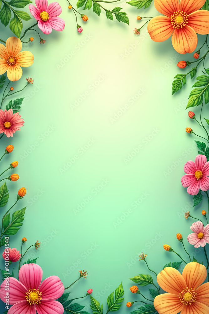 Greeting card. Beautifully crafted digital illustration of a floral frame with pink and orange flowers, green leaves, and a light blue background. Greeting card. Beautifully crafted digital illustration of a floral frame with pink and orange flowers, green leaves, and a light blue background.
