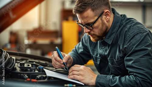 car mechanic in eyeglasses working in auto repair shop. Professional technician analyzing automobile problem, expertise in engineering and maintenance. Young male in uniform, garage workshop.