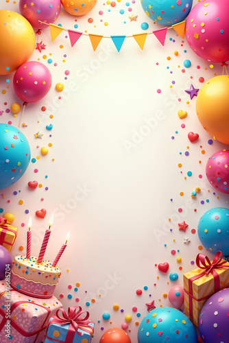 Holiday card. Vibrant and colorful celebration scene, featuring a large number of balloons, birthday cake, and presents against a white background.