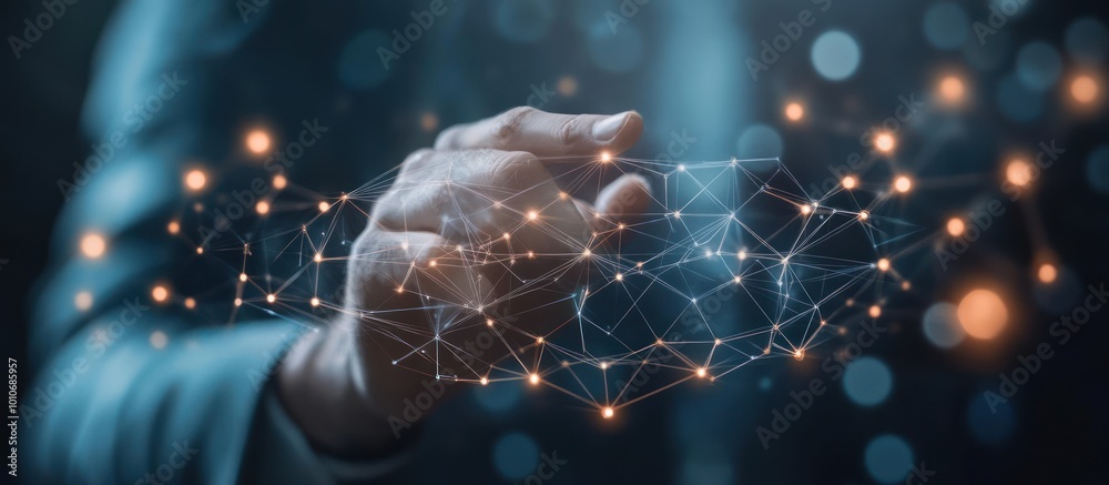 A hand reaches out to touch a digital network of interconnected glowing nodes. A hand reaches out to touch a digital network of interconnected glowing nodes.