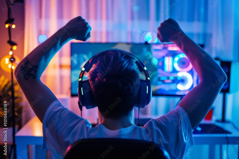 An enthusiastic gamer revels in a victorious moment while wearing headphones, illuminated by colorful neon lights in a stylish modern living room at night. An enthusiastic gamer revels in a victorious moment while wearing headphones, illuminated by colorful neon lights in a stylish modern living room at night.