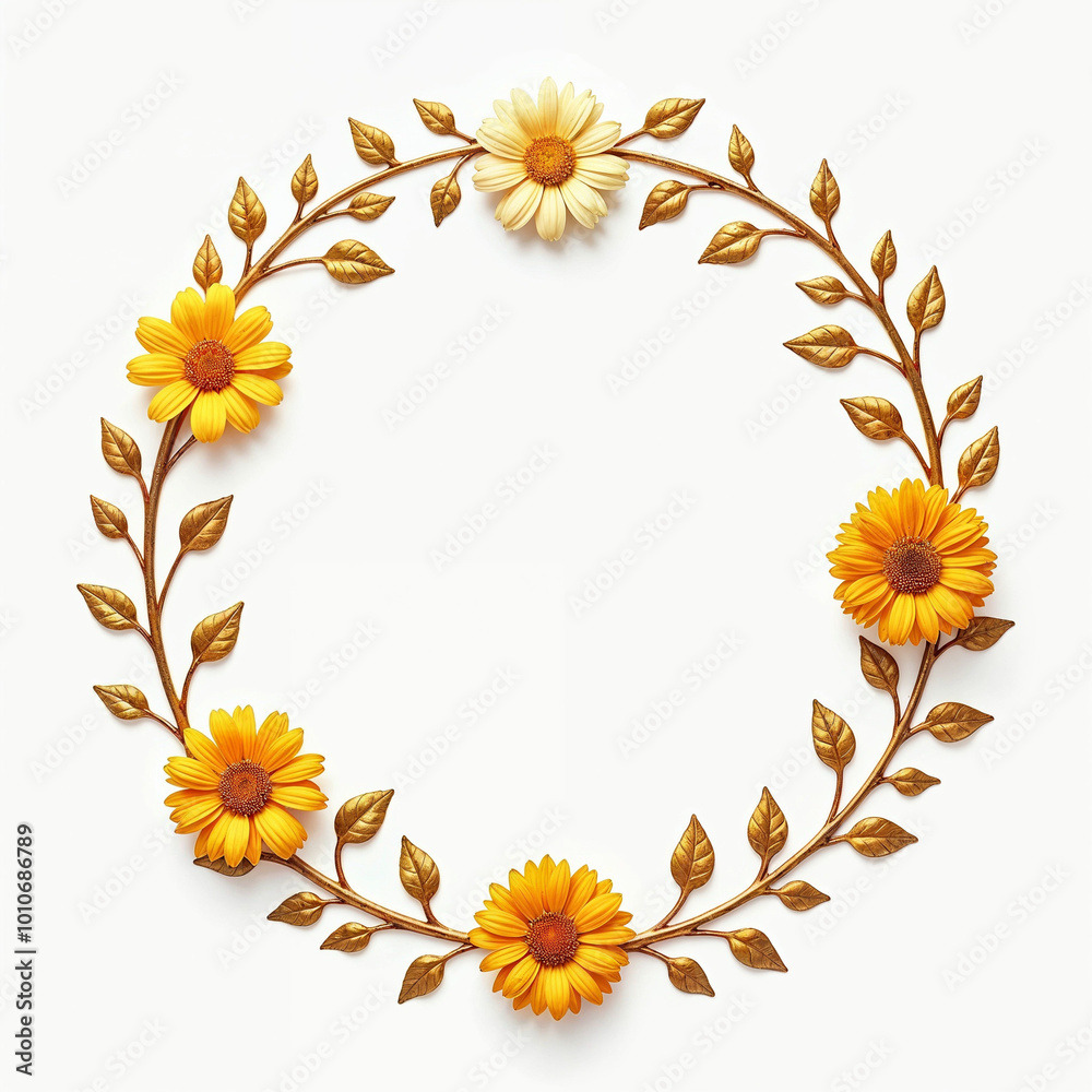 Exquisite golden ornamental circle flowers border design isolated on white background Exquisite golden ornamental circle flowers border design isolated on white background