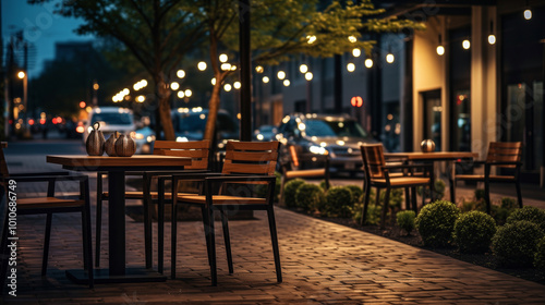 Empty Tables on a Brick Street in a City at Night