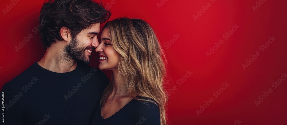 Naklejka premium A couple in love, gazing at each other against a red background.