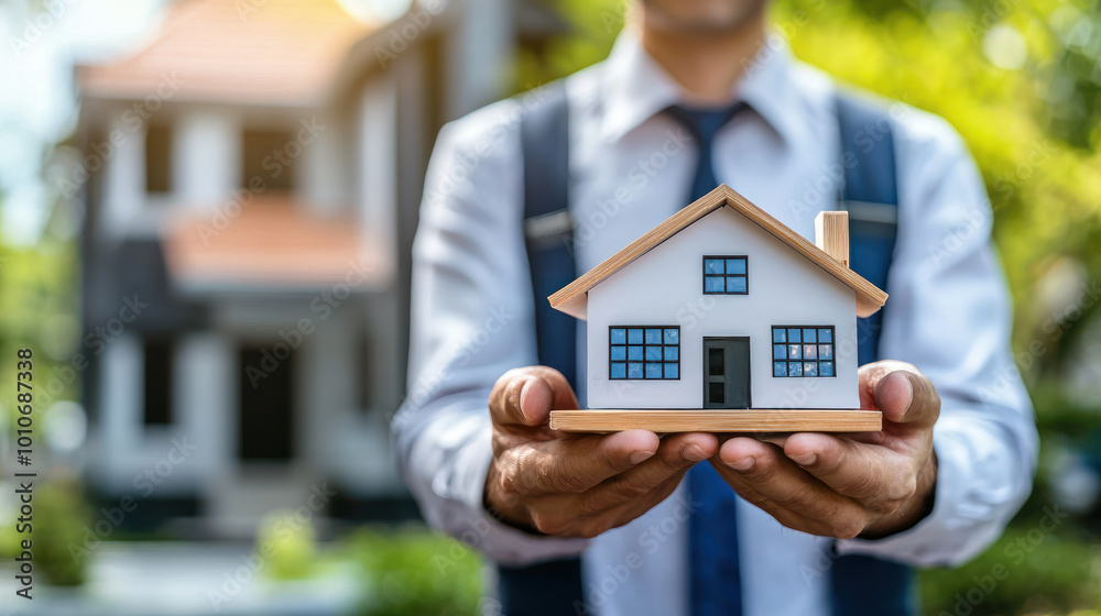 Real estate agent holding house model in hand. Business concept. Property investment presentation key new residential apartment. realtor showing home sale, mortgage, rent purchase. Real estate agent holding house model in hand. Business concept. Property investment presentation key new residential apartment. realtor showing home sale, mortgage, rent purchase.
