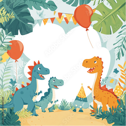 dinosaur jurassic era concept celebration birthday background with bright colors gifts, cake, balloons, confetti with birthday candles