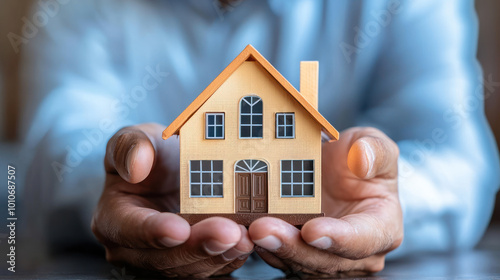 Real estate agent holding house model in hands, insurance concept. Businessman showing property investment, realtor giving mortgage loan for new home sale, finance planning.