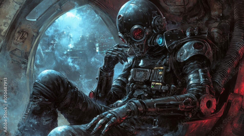 A futuristic astronaut in a black suit and helmet sits in a spaceship window looking out at a distant city. A futuristic astronaut in a black suit and helmet sits in a spaceship window looking out at a distant city.