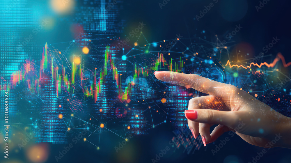 Hand touching virtual screen chart and graphs background. Finance and trade concept. Business technology, growth investment diagram, analysis exchange financial innovation, strategy trading currency. Hand touching virtual screen chart and graphs background. Finance and trade concept. Business technology, growth investment diagram, analysis exchange financial innovation, strategy trading currency.