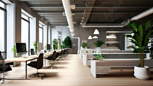 Modern open office space, minimalist interior design featuring a large plant