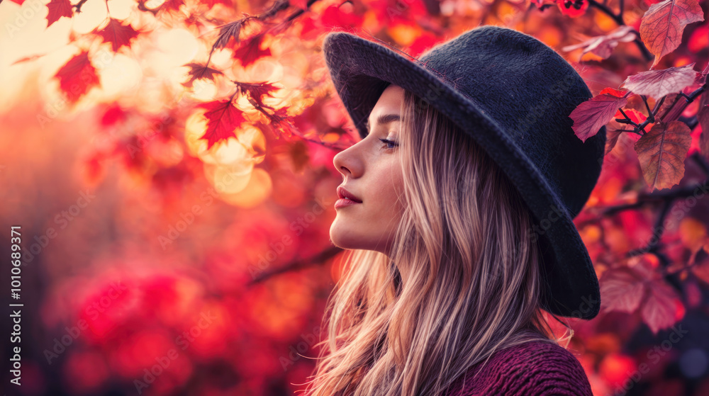 Portrait a beautiful young woman in a hat on background of autumn leaves. Elegant female model with warm expression, trendy outfit, and stylish headdress against gold maple foliage. Portrait a beautiful young woman in a hat on background of autumn leaves. Elegant female model with warm expression, trendy outfit, and stylish headdress against gold maple foliage.