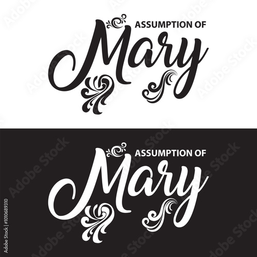Assumption of Mary. Handwritten text in black and white  color. Virgin Mary icon vector. Assumption of Mary Poster. Great for Mary's celebration. Vector illustration . EPS 10