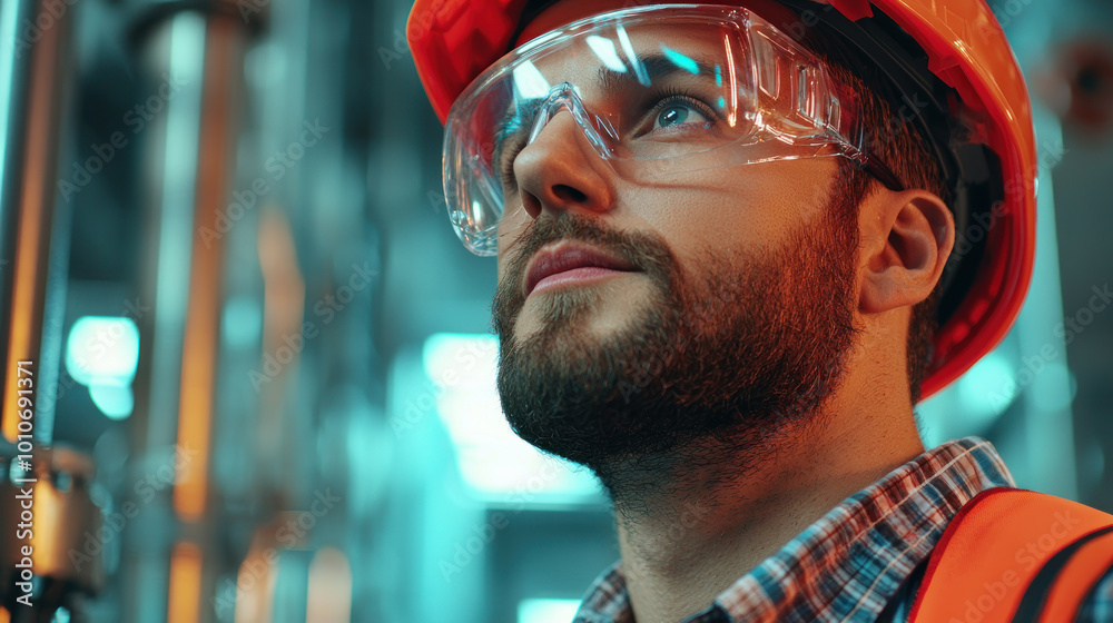 Portrait male worker in helmet and goggles. Industrial background. Man with hard hat standing confident. Professional engineer work site. Serious occupation. Businessman in safety uniform Portrait male worker in helmet and goggles. Industrial background. Man with hard hat standing confident. Professional engineer work site. Serious occupation. Businessman in safety uniform