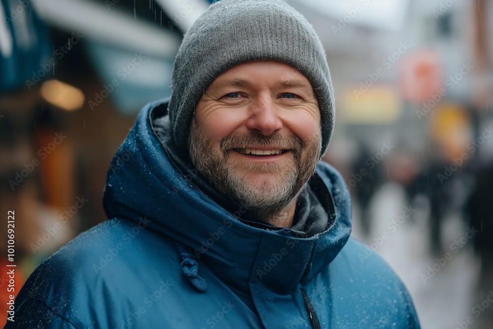 Man wearing a blue jacket and a gray hat is smiling. He is standing in the rain