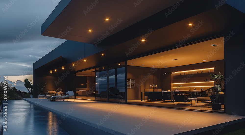 A black fancy house, exit to the outdoor area, modern black house, black solar battery equipment on the wall, in a ceiling covered area. House lit up at night.