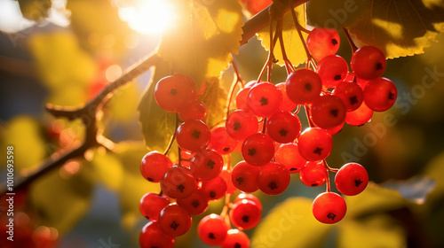 Vibrant red berries on a branch in a fall forest, Red berries backlit with sunshine in the woods, Autumn red berries in vibrant colors backlit by sunset, Autumn season concept, AI generated photo