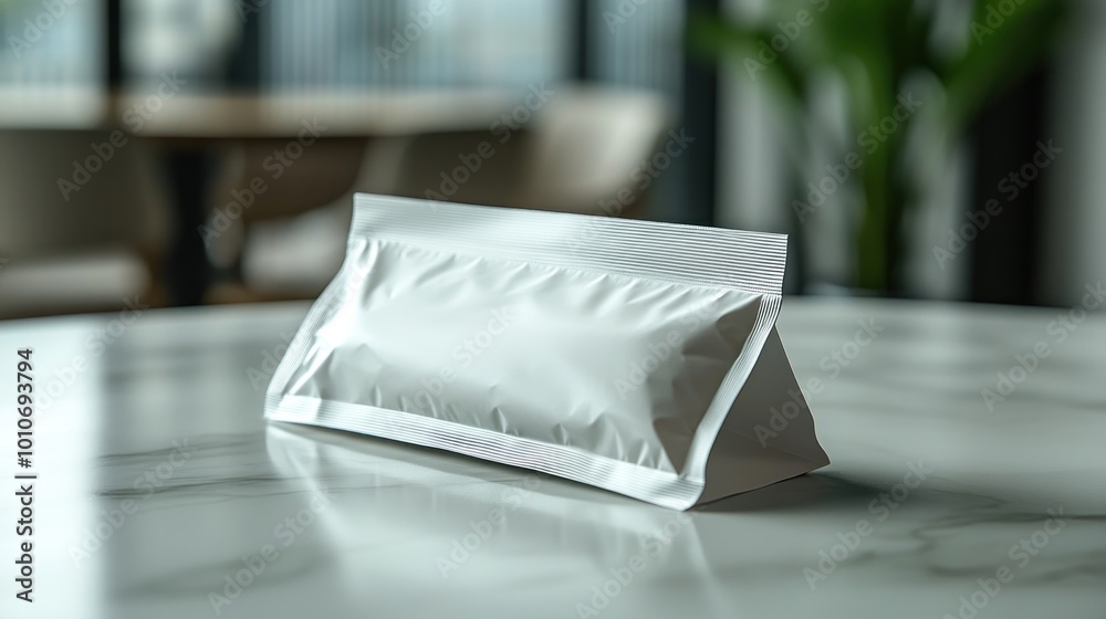 A plain, sealed pouch resting on a marble table surface. A plain, sealed pouch resting on a marble table surface.