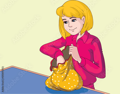 Beautiful young girl pulling card from bag. Mathematical probability.