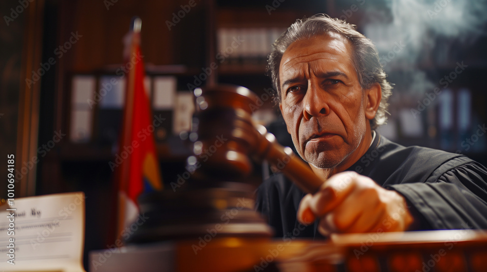 Judge in courtroom holding gavel, displaying authoritative presence amidst legal documents and flag backdrop, capturing decisive judicial role and courtroom environment. Judge in courtroom holding gavel, displaying authoritative presence amidst legal documents and flag backdrop, capturing decisive judicial role and courtroom environment.
