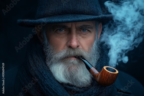 Man with a beard and a hat is smoking a pipe. The image has a vintage feel to it, and the man's facial hair gives him a rugged appearance. The smoke from the pipe adds to the atmosphere photo