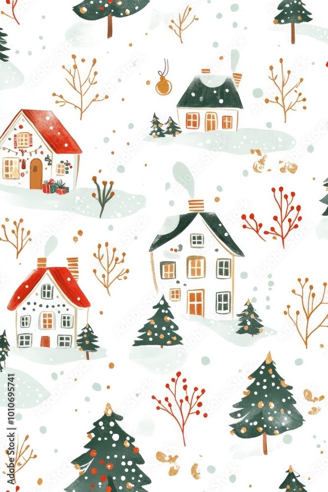 Hand-Drawn Cute Christmas Seamless Pattern with Tiny Houses and Snow on White Background Hand-Drawn Cute Christmas Seamless Pattern with Tiny Houses and Snow on White Background