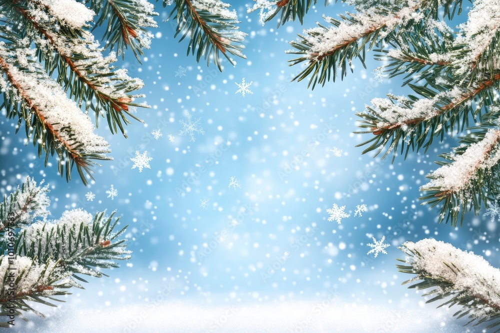 Winter background with fir branches and snowflakes with generative ai Winter background with fir branches and snowflakes with generative ai