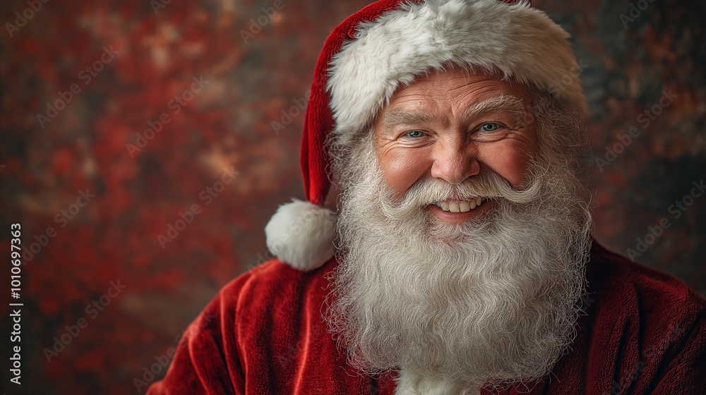 Smiling man in a red Santa hat and red suit. He has a beard and mustache. He is smiling and looking at the camera