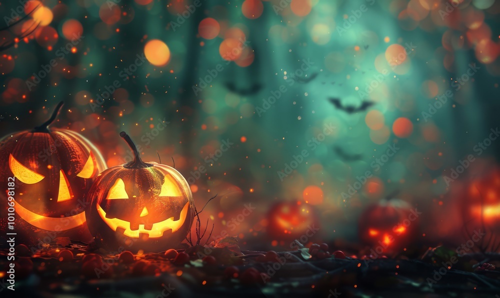 Halloween holiday background with Halloween text and spooky glowing Jack o'lantern pumpkins decoration. Halloween holiday background with Halloween text and spooky glowing Jack o'lantern pumpkins decoration.