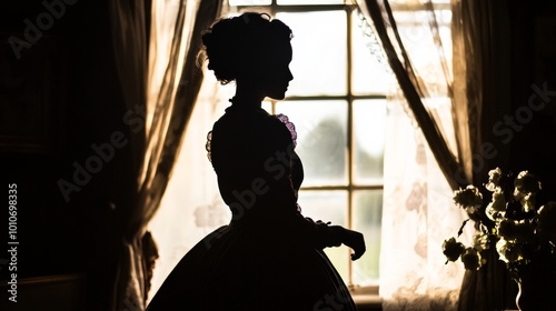 Silhouette of Victorian woman by a window