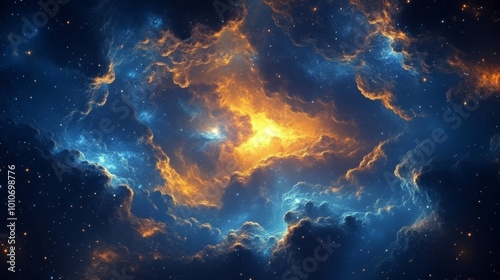 A cosmic background with swirling nebulae and stars, evoking the vastness of space, mobile wallpaper, high resolution, hyper-realistic details, blue tones, yellow highlights for contrast, dark sky 