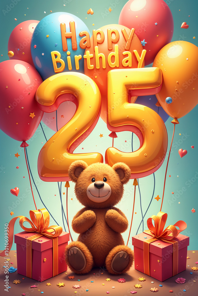 Naklejka premium 25th birthday card. Cheerful birthday celebration with a large teddy bear holding a Happy Birthday sign, surrounded by colorful balloons and gifts.