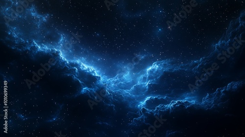 An abstract digital art background featuring deep blue and dark black colors, with swirling clouds of stars that form the shape of cloud-like structures in space.
