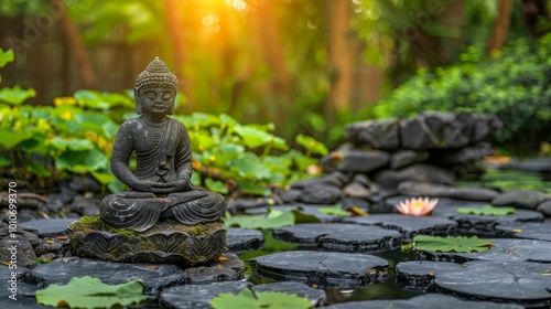 Serene stone buddha surrounded by lotus flowers in nature at sunset with enchanting bokeh