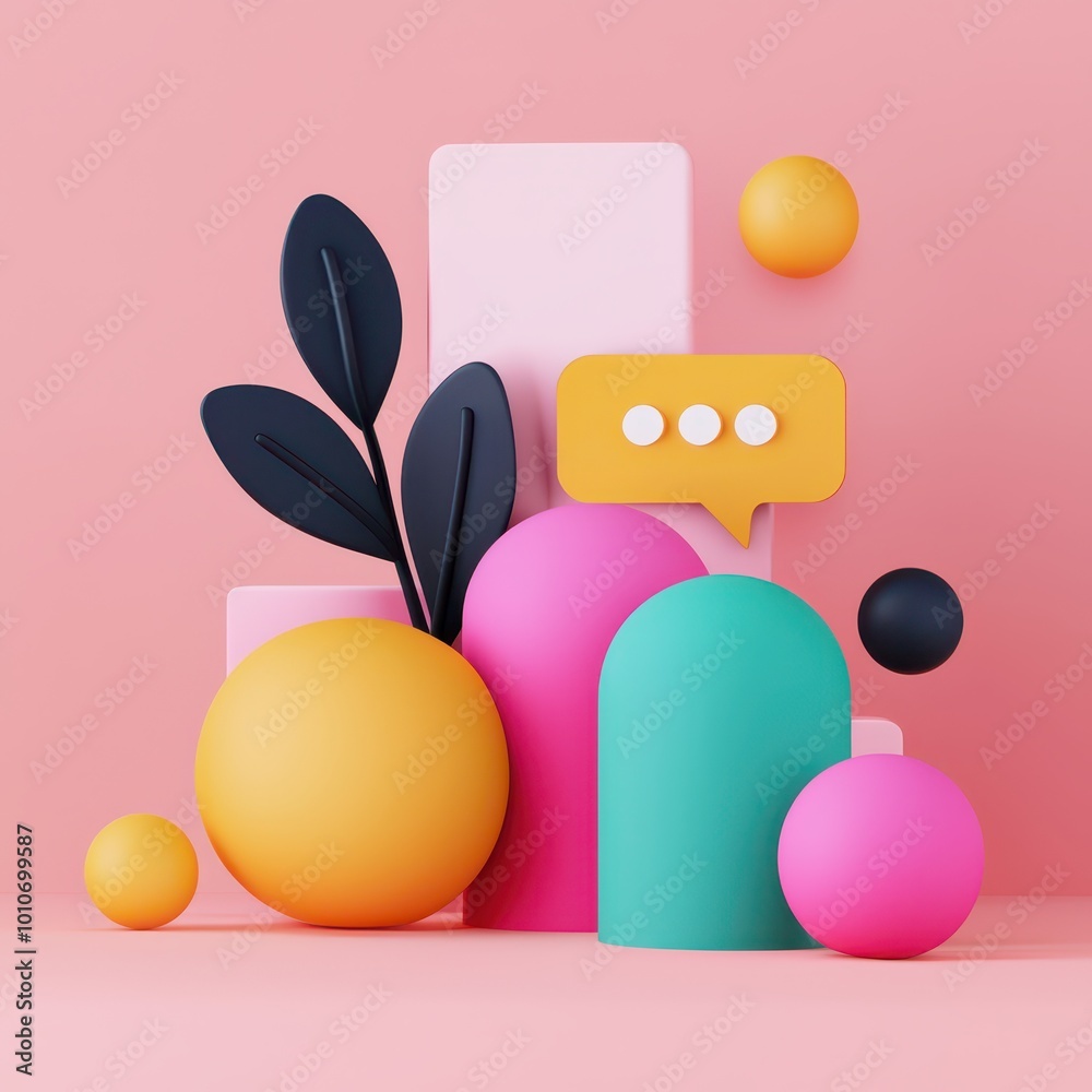 A vibrant 3D composition featuring colorful shapes and leaves, set against a soft pink background, creating a playful and modern aesthetic.