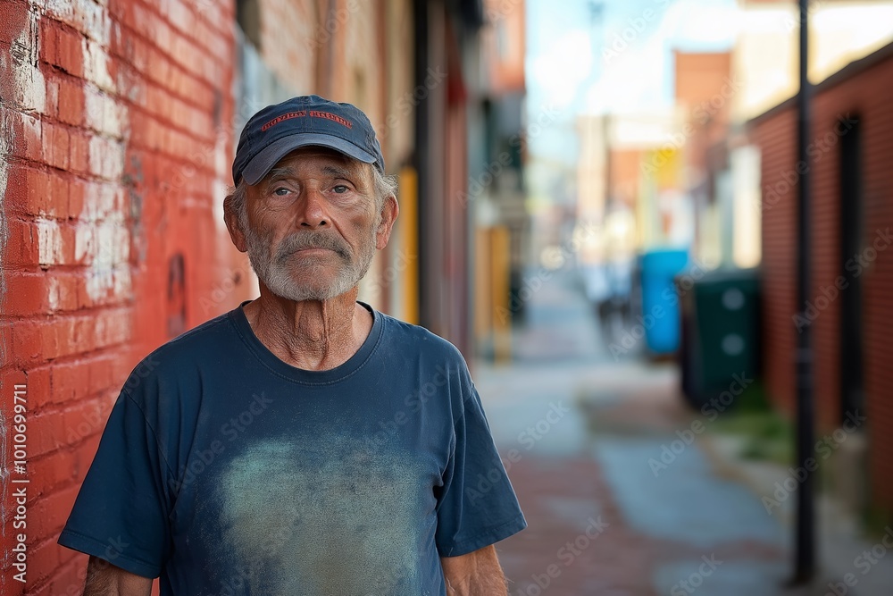 Man wearing a blue shirt and a hat stands in front of a brick wall. He is tired and dirty Man wearing a blue shirt and a hat stands in front of a brick wall. He is tired and dirty