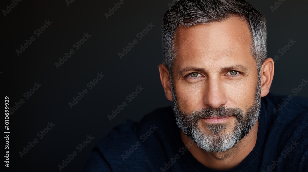 Fototapeta premium Man with a beard and gray hair is smiling at the camera. He is wearing a blue shirt and he is in a relaxed and confident mood