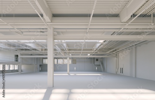 Interior of a warehouse. 3D rendering. White view. Clay render.