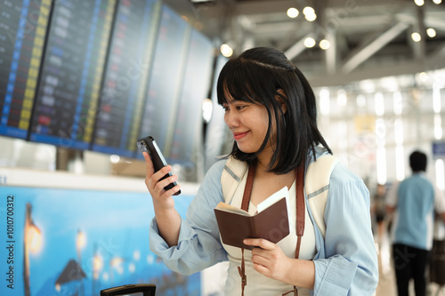 Happy young woman holding her passport and using smartphone at an airport terminal