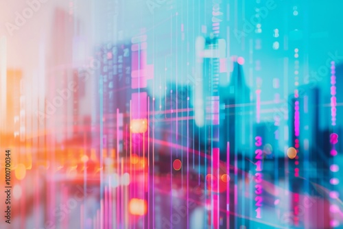 A dynamic interplay of skyscraper silhouettes and digital statistics showcases the booming real estate market at sunset  illustrating growth trends and urban development.