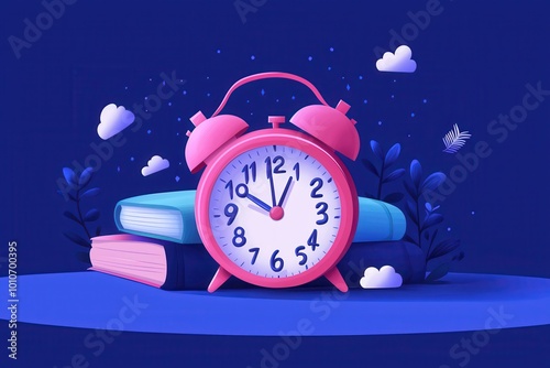 A pink alarm clock rests on colorful books against a deep blue background, surrounded by stylized clouds and leaves, creating a serene and whimsical atmosphere.